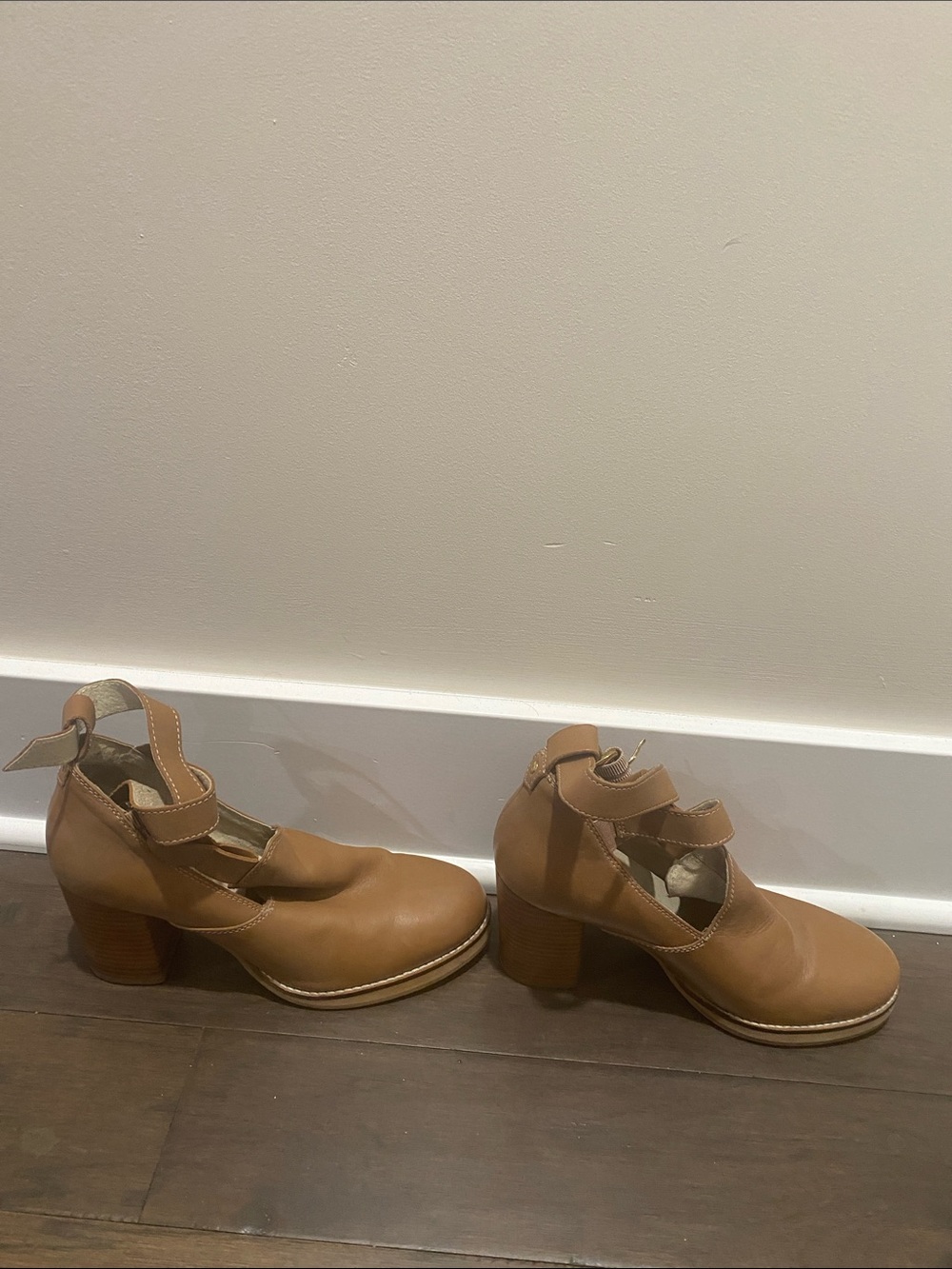 Seychelles Cognac Leather Mary Jane Block Heels with Ankle Straps.